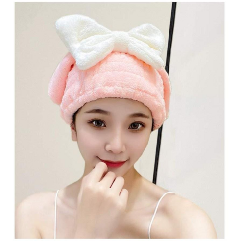 머리 빨리 마르는 헤어 드라이캡 왕리본 머리수건, 핑크, 2개