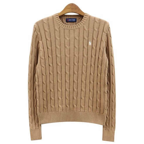 라파클럽 여성 라운드 케이블 꽈배기 면 100% 니트 스웨터, 베이지, S