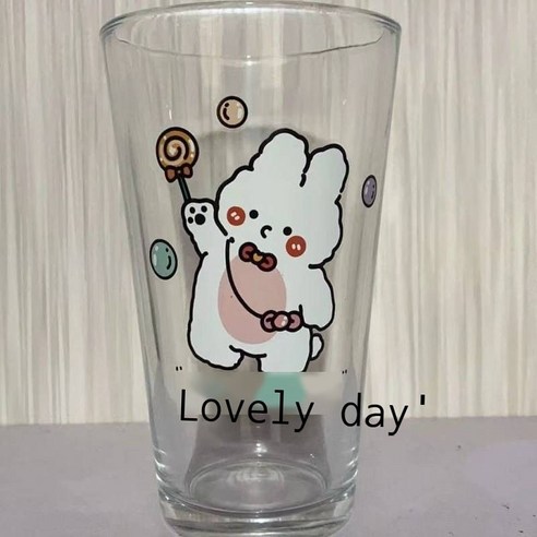 빨대 컵 여학생 한국판 ins풍 유리컵 가정용 뚜껑 휴대용 우유컵 소녀심 물컵 실크 프린트 곰 싱글컵, 화투 풍선 토끼 싱글 컵