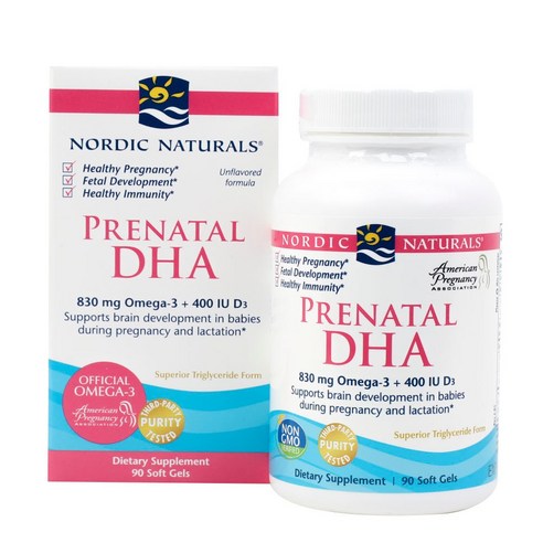 오메가3  Nordic Naturals 프리네이탈 DHA 830mg 오메가-3 + 400IU D3 500mg 소프트젤, 90정, 1개