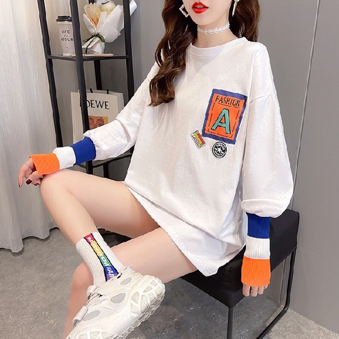 KORELAN 나른한 롱 화이트 긴팔 티셔츠 맨투맨