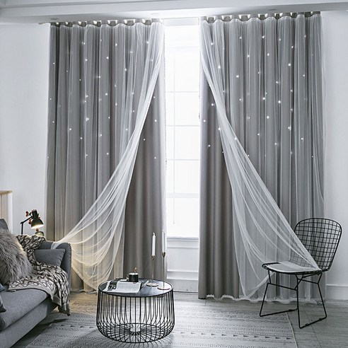 에쉬울프 펀칭 별 차광+레이스 이중지 커튼 1pc, 270*230cm, 그레이