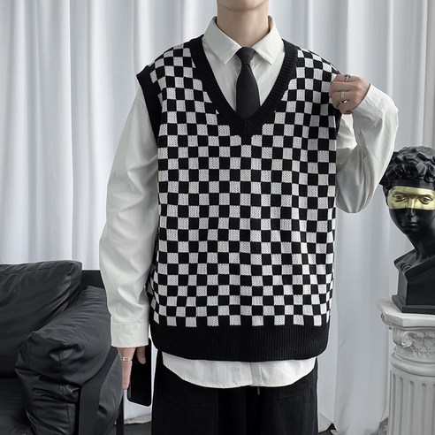 DFMEI 바둑판 무늬 V 넥 스웨터 조끼 남자 가을 겨울 패션 온라인 인기있는 니트 조끼 잘 생긴 느슨한 조끼 코트