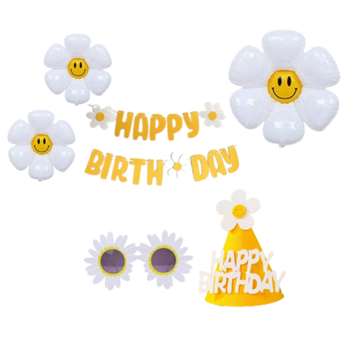 연지마켓 생일파티 용품 세트 데이지 풍선 생일 가랜드 안경 고깔, 1세트, 13)옐로우 기본