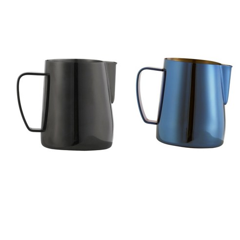 2 Pcs 에스프레소 우유 김이 투수 컵 라떼 아트 12oz / 350ml, 75x75x90mm, 스테인레스 스틸, 블랙 다크 블루