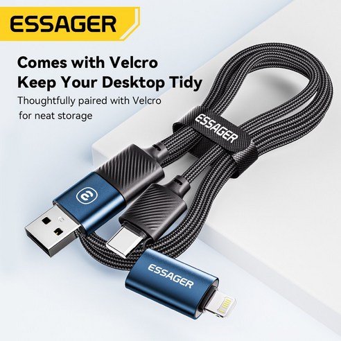 Essager 4 in1 멀티 65W PD고속 충전 케이블 iphone 16 고속충전 지원, 2개, 블랙, 1m
