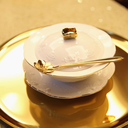 북유럽 스프 수프 푸딩 그릇 접시 대접 공기 도자기, 원형 + 골드 티스푼 - 5074개 남음