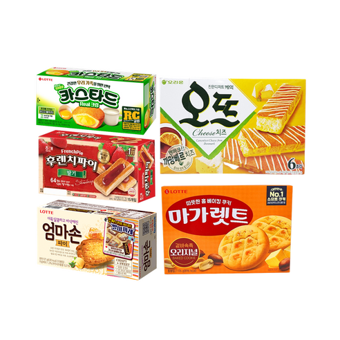 롯데 카스타드 + 오리온 오뜨치즈 + 마가렛트 + 엄마손파이 + 후렌치파이, 1개