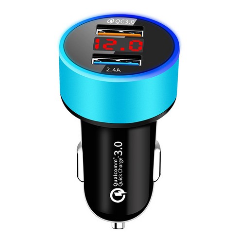듀얼 USB2.4A 자동차 충전기 QC3.0 지능형 디지털 디스플레이 빠른 충전 실시간 전압 디스플레이, 블루 OPP 가방