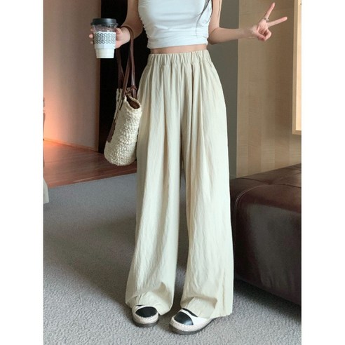 주름바지 플리츠플리즈바지 밴딩 하이웨이스트 캐주얼 여성 여름 살구 와이드레그