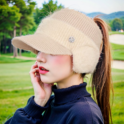 새론일상 골프모자 여성 방한 겨울용 귀도리 썬캡, 베이지, 1개