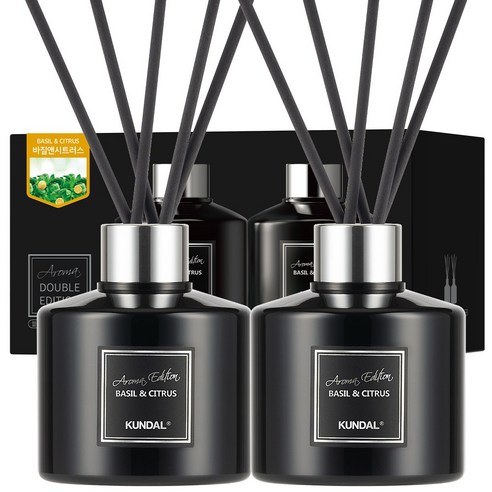 쿤달 퍼퓸 디퓨저 아로마 에디션 200ml 2개 + 섬유스틱 10개, 바질앤시트러스향, 1세트