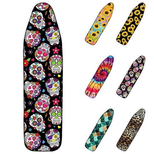 BLUBLU 다리미판 커버 표준 사이즈 38.1cm x 137.2cm(15인치 x 54인치) 가장자리가 신축성 있는 두꺼운 패딩 - 레오파드, Sugar Skull