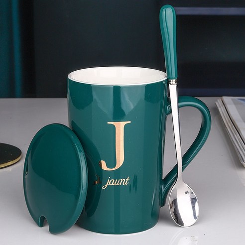 DFMEI 뚜껑이 달린 물 컵 머그 스푼 커피 컵 컵 남녀 커플 우유 세라믹 가정용 대용량, DFMEI J- 레터, 진정한 골드-잉크 그린 green 컵+커버+스테인레스
