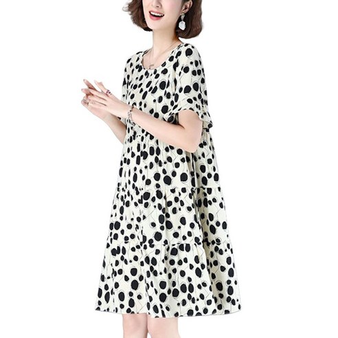 ROYALBELLE 여성 땡땡이 반팔 원피스 빅사이즈 루즈핏 라운드넥 플레어 미들 원피스 V51305