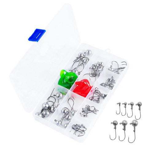 45PCS 라운드 헤드 낚시 지그 후크 부드러운 미끼 후크 미끼 세트와 Fishhook, 실버, 설명