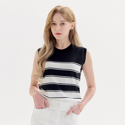 유니드 여성용 비스코스 스트라이프 민소매 니트 파인클래식티