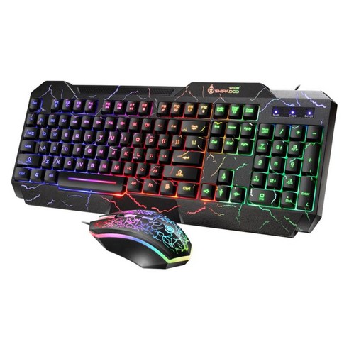 게임용 LED 유선 키보드 및 마우스 콤보 1600DPI USB 마우스 레인보우 백라이트 기계식 느낌 PC와 호환 가능, 블랙 세븐 컬러 백라이트, 17x7x0.8인치, ABS 플라스틱
