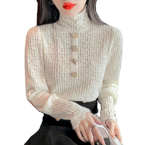ANKRIC 시스루블라우스 진짜 샷 가을과 겨울 플러스 벨벳 하이 칼라 버블 소매 레이스 셔츠 기질 바닥 셔츠 탑 여성