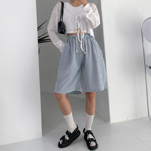 여성 여름 와이드 5부 버뮤다 팬츠 마린 스트라이프 단가라 밴딩 반바지