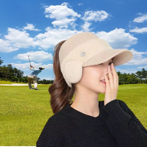 메르시 여성 니트 골프 모자 귀달이 방한 라운딩 캡, 1개, 아이보리