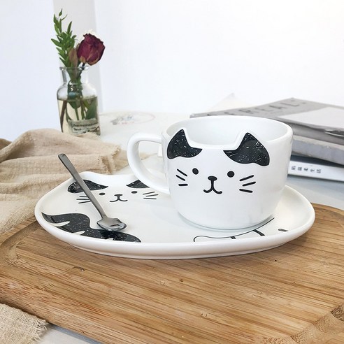 귀여운 캐릭터 고양이 도자기 커피 컵 접시 세트 식당 소용량 물컵 호텔 디저트 머그컵 주문 제작, 귀 검은 고양이, 200ML