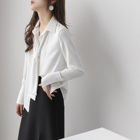 KORELAN MZOMXO 디자인 긴팔 쉬폰 블라우스 여 탈부착 날씬한 흰 셔츠.