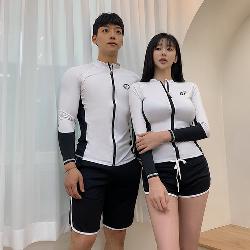 오니몰 남자 여자 커플 스타 배색 집업 긴팔 래쉬가드 세트 수영복