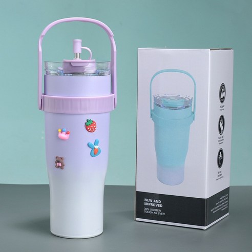 1.2L그러데이션 컬러 진공 스텐 냉온 텀블러 휴대용얼음컵 커피잔 자동차컵40oz+3D 입체 스티커, 그러데이션 퍼플, 1200ml, 1개