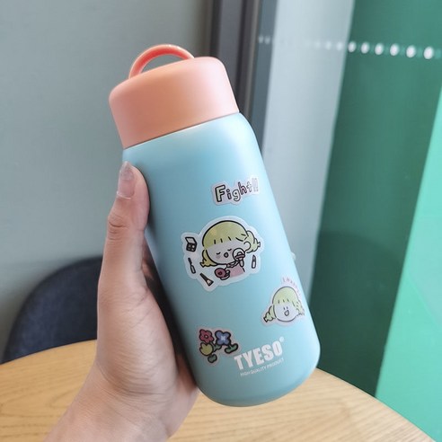 스테인리스 물 컵 간단한 모리 스타일 보온병 여성 하라주쿠 스타일 학생 귀여운 간단한 소녀 컵, 대비 색상 350 Ml, 싱글 컵 + t 스티커