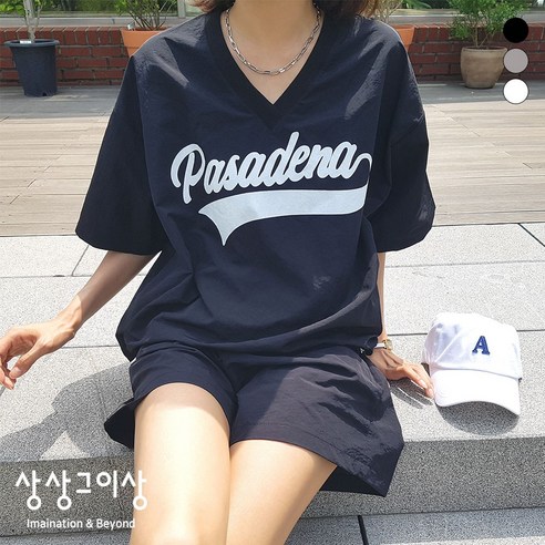 상상그이상 여성용 국내제작 파사디브이반팔 여름 반소매 루즈핏 티셔츠 브이넥 바스락 나일론 반팔티 꾸안꾸 아노락 밑단스트링 편안한 시원한소재 일상복 오버핏 박스티 기본티 나염 포인트