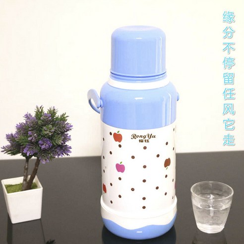 DFMEI 보온병 가정용 플라스틱 보온병 대용량 단열 냄비 유리 라이너 끓는 물병 보온병 대형, DFMEI 애플 모델 [레이크 블루 3.2L], 대마줄 냉각주전자 + 얼음이슬컵 6개