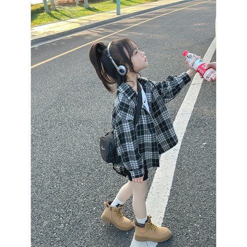 주니어 아동공용 세련된 체크셔츠 캐주얼 루즈핏 남방 격자무늬 레이어드