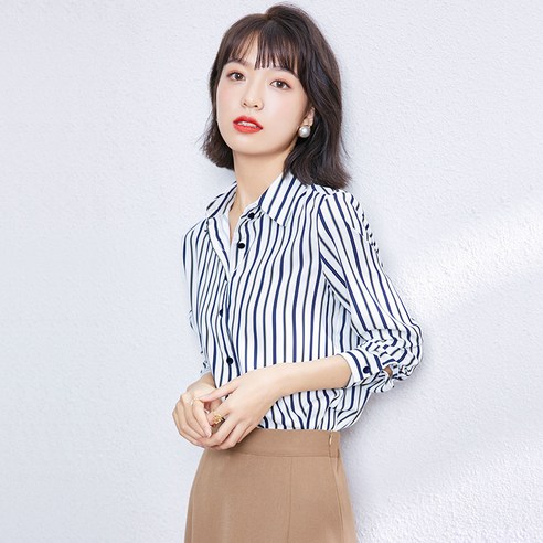 KORELAN 실사 현물 가을 스트라이프 셔츠 긴팔 스타일리쉬한 쉬폰 디자인이 작게