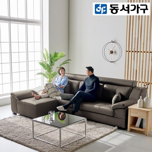 동서가구 조이스 편백황토숯 라텍스탑 천연가죽 3.5인용 소파 DF643603, 베이지