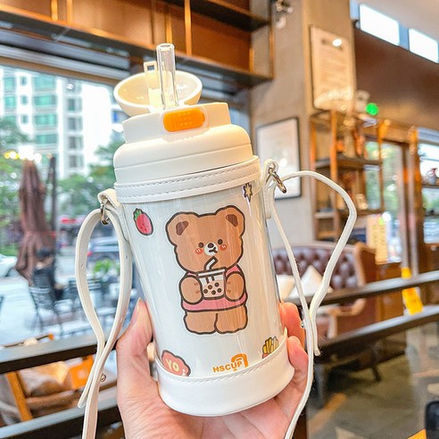 여자를위한 높은 색상 가치를 가진 여성을위한 간단한 밀짚 보온병 컵 귀여운 휴대용 고 아웃 컵, 화이트 미래 마카롱＋스티커, 400ml