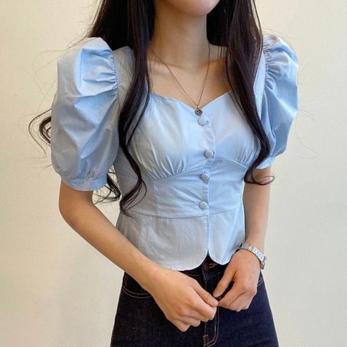 더블공주 퍼프소매 크롭 반팔 블라우스