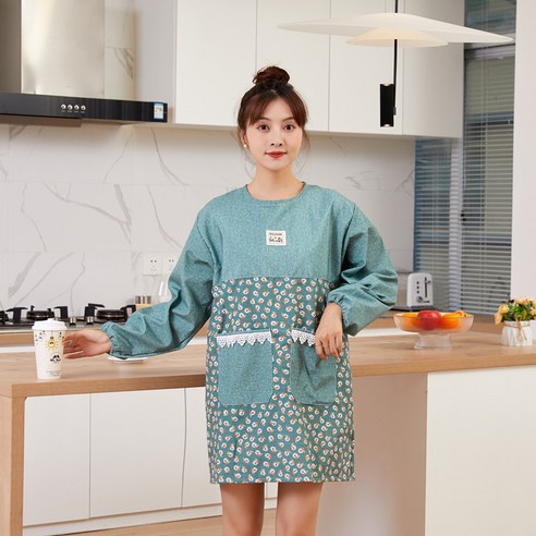 DFMEI 가운주방가 취사 허리둘레 이중방수 패션녀, 잔꽃토끼가 녹색을 입다.