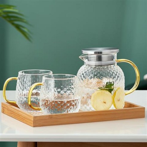DFMEI 고온 및 대용량에 강한 유리 주전자 삶은 화이트 워터 컵 냉간 차 가정용 물병 얼음 작은 냄비 세트, DFMEI 1000ML 쌀알갱이 스틸커버+드립컵 2개+, 핑크 - 작은 컵 없음 - 2111