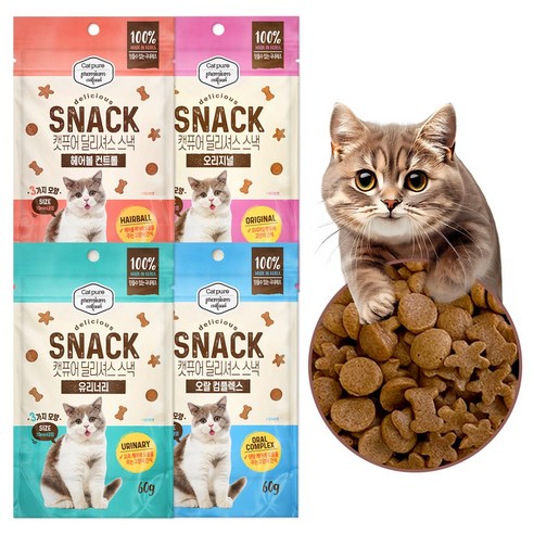 캣퓨어 고양이 딜리셔스 스낵 오랄 콤플렉스, 1개, 60g, (4종)오리지널+헤어볼+요로건강+오랄케어