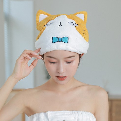 신상품 스티커 자수 건발 수건 만화 동물 건발 모자 여자 흡수 속건 산호 벨벳 가방 두건, 21x25cm, 스티커 리본 고양이 스타일