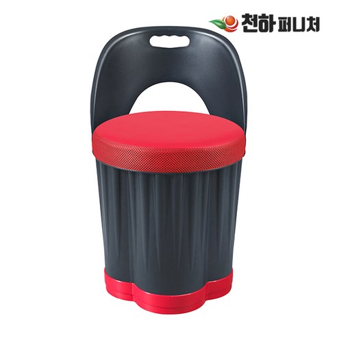 바퀴달린 수납 스툴 등받이 깡통 보조 드럼통 식당 업소용 의자 바디컬러 블랙, 바디/등받이(블랙)/쿠션(레드)/하부받침(레드)