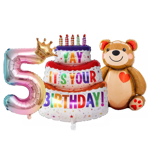 파파 파티 1m 케익 케이크 풍선 생일 파티, 1개, 케이크+곰돌이+왕관숫자5