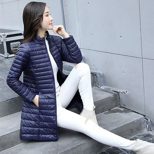 여성 재킷 다운 자켓 중간 길이 슬림 맞는 얇은 단색 대형 다운 재킷