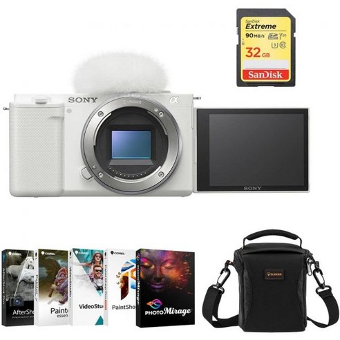 Sony ZVE10 미러리스 카메라 Corel PC 소프트웨어 제품군 포함 화이트 번들 32GB SD 카드 숄더백, 1개