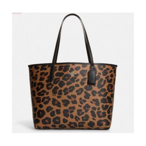 코치 CC760 시그니처 시티 토트 위드 레오파드 프린터 라이트 새들 멀티 시그니처