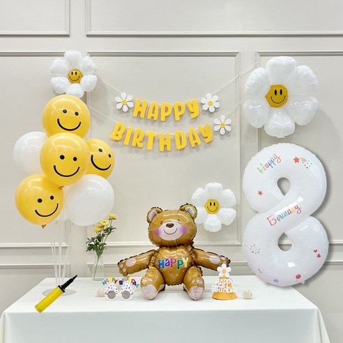 연지마켓 데이지 곰돌이 생일 파티 숫자 풍선 가랜드 세트, 8, 1세트, 베어 옐로우A 8