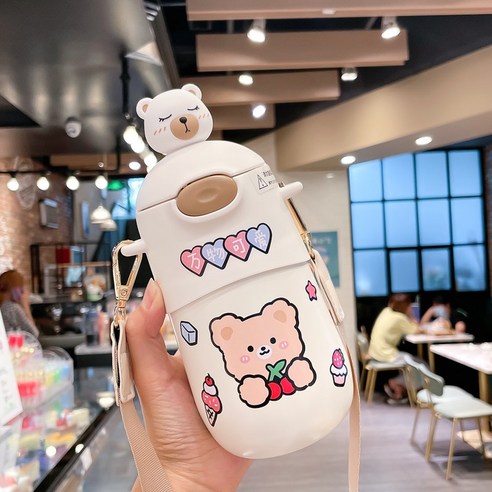 [LM] 500ml 곰 스티커 보온병 스테인레스 스틸 절연 뜨거운 음료 컵 밀짚 선물, White A