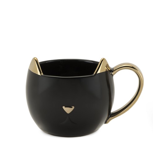 핑키업 클로에 세라믹 캣 머그컵 355ml, Black + Gold, 1개