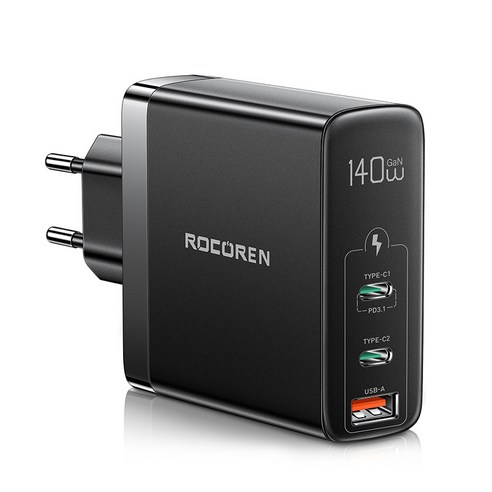 Rocoren-140W GaN USB C 타입 충전기 PD 3.1 빠른 충전 QC 4.0 3.0 맥북 프로 아이폰 14 샤오미 고속, Black, 02 US Plug